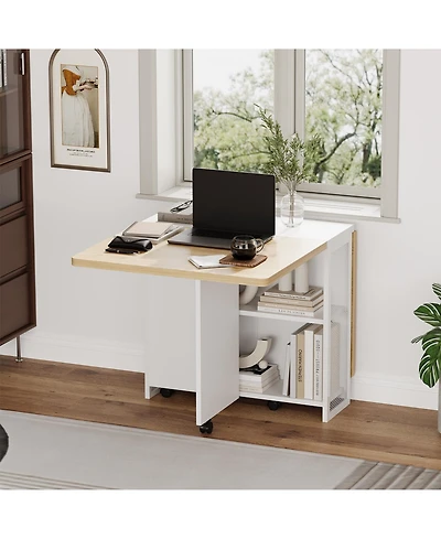homfan Folding Drop Leaf Table, 2-Tier Storage Shelf with Lockable Casters, Heavy Duty Multi-use Home Dining and Writing Desk