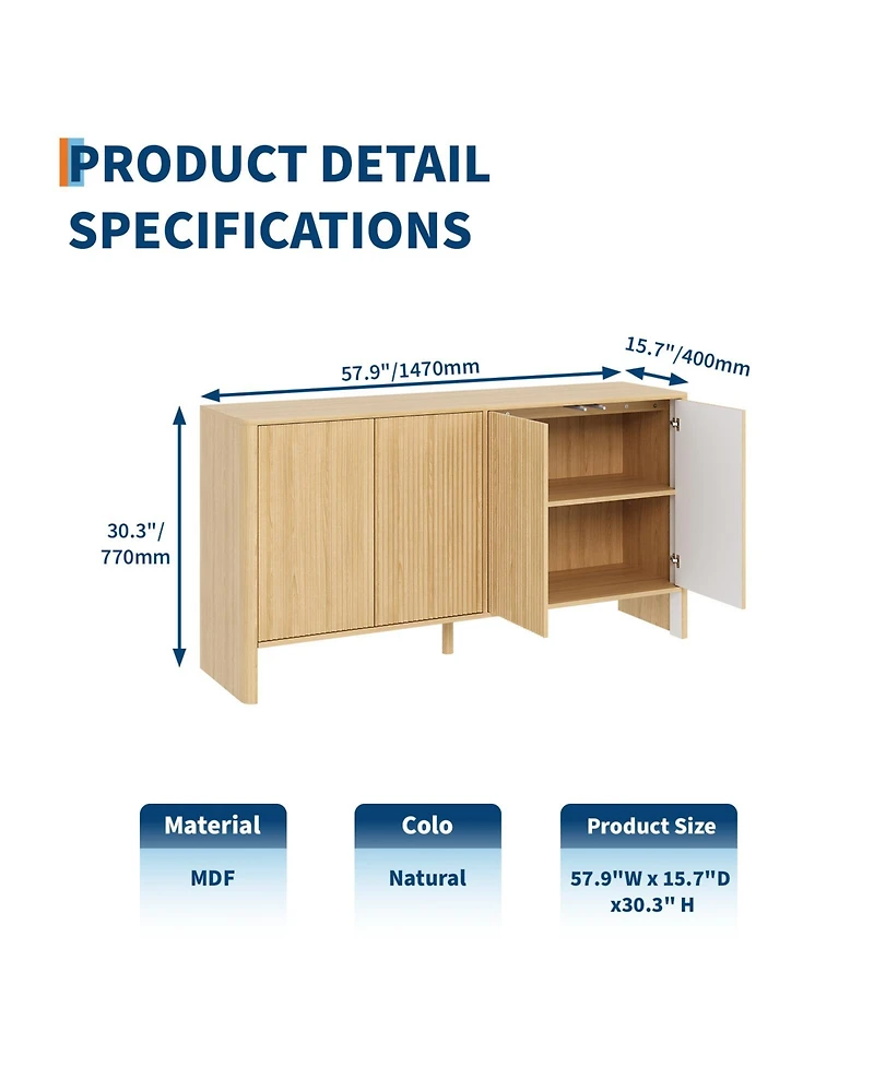 homfan Modern Fluted Credenza, Wide Sideboard Buffet with 4 Fluted Doors and Adjustable Shelves for Multi-Room Organization