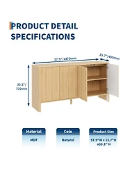 homfan Modern Fluted Credenza, Wide Sideboard Buffet with 4 Fluted Doors and Adjustable Shelves for Multi-Room Organization