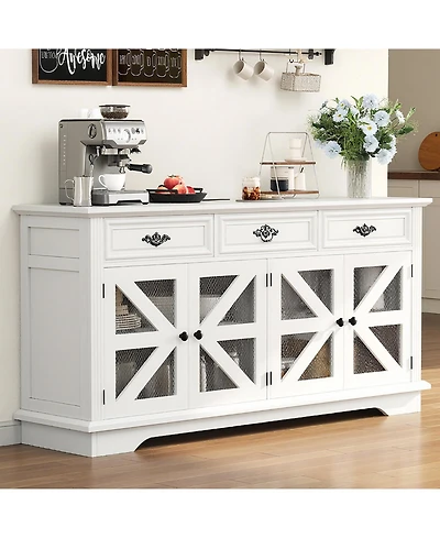homfan Farmhouse Sideboard with Charging Station, 3 Drawers and 4 Doors, Adjustable Shelf Storage Coffee Bar for Home Use