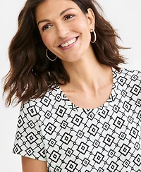 Style & Co Women's Perf Ss Laurel Tile Short-Sleeve Geometric Cotton-Blend T-Shirt, Macy's Exclusive