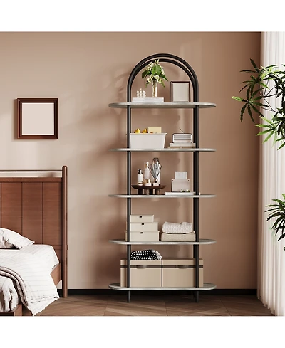 homfan Arched Bookshelf with 5-Tier Shelves, Industrial Open Bookcase for Living Room Home Office
