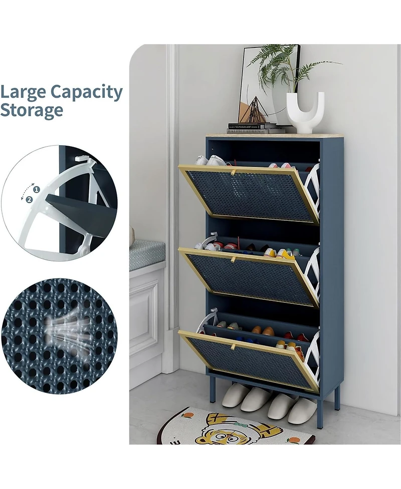 Rainsken Rattan Shoe Cabinet, Freestanding Shoe Rack with 3 Flip Drawers and Metal Legs, Shoe Storage Organizer for Entrance, Entryway and Hallway