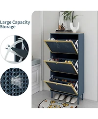 Rainsken Rattan Shoe Cabinet, Freestanding Shoe Rack with 3 Flip Drawers and Metal Legs, Shoe Storage Organizer for Entrance, Entryway and Hallway