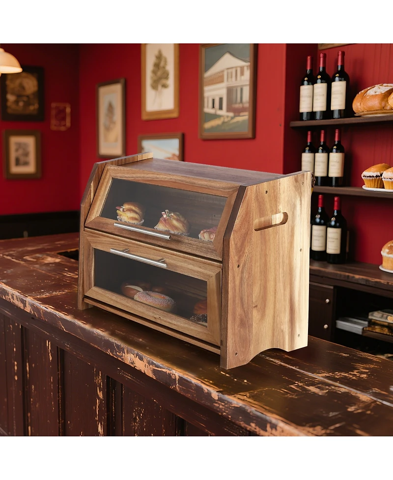 homfan Acacia Wood Bread Box with Sliding Lid, Kitchen Countertop Food Storage Container for Bread Pastry