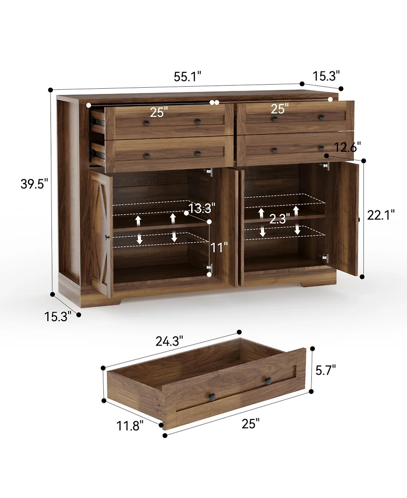 homfan Large Sideboard Buffet Cabinet, 4 Drawers and 4 Doors with Adjustable Shelf, Wood Coffee Bar for Living Room, Hallway, Dining Room