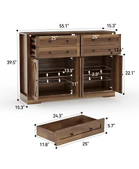 homfan Large Sideboard Buffet Cabinet, 4 Drawers and 4 Doors with Adjustable Shelf, Wood Coffee Bar for Living Room, Hallway, Dining Room