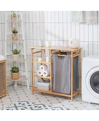 sumyeg Bamboo Laundry Hamper Stand with Sliding Bag and 3-Tier Open Shelves