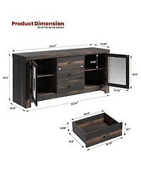 homfan Buffet Sideboard, Accent Storage Cabinet with 2 Glass Doors and 3 Drawers, Coffee Bar Table, Tv Stand for Living Room, Kitchen