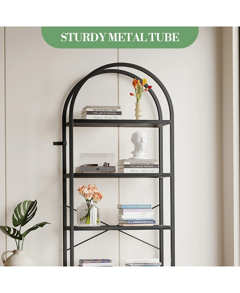 homfan 5-Tier Arched Metal Frame Bookshelf, Anti-Tipping Tall Storage Shelf with Adjustable Feet, 30-Minute Fast Assembly Industrial Home Organizer