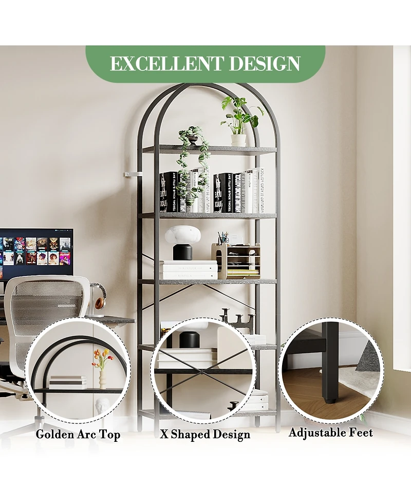 homfan 5-Tier Arched Metal Frame Bookshelf, Anti-Tipping Tall Storage Shelf with Adjustable Feet, 30-Minute Fast Assembly Industrial Home Organizer