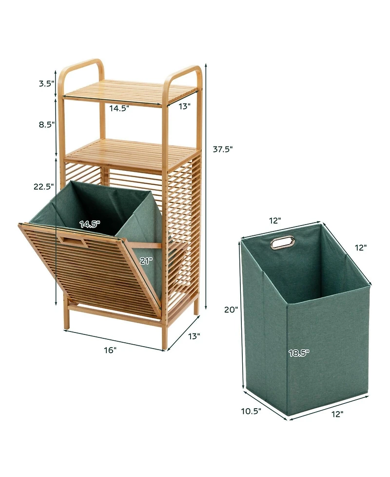 sumyeg Tilt-Out Bamboo Laundry Hamper with 2-Tier Shelf and Removable Liner