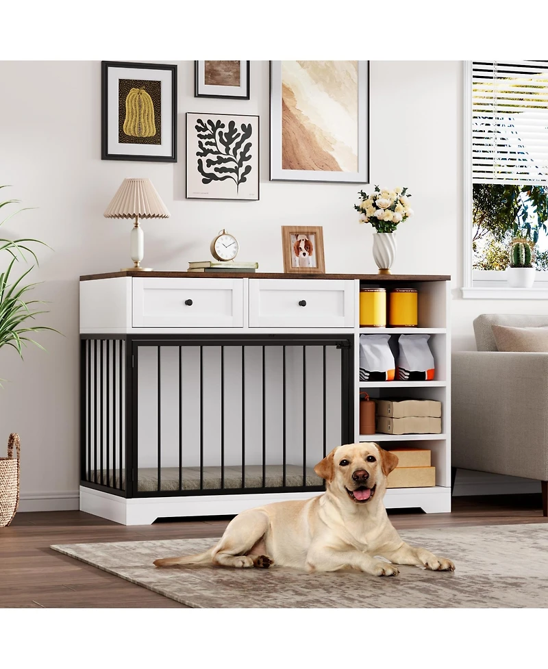 homfan Furniture-Style Dog Crate End Table or Tv Stand, Engineered Wood and Reinforced Iron Bar Pet Cage with Storage, Easy Assembly