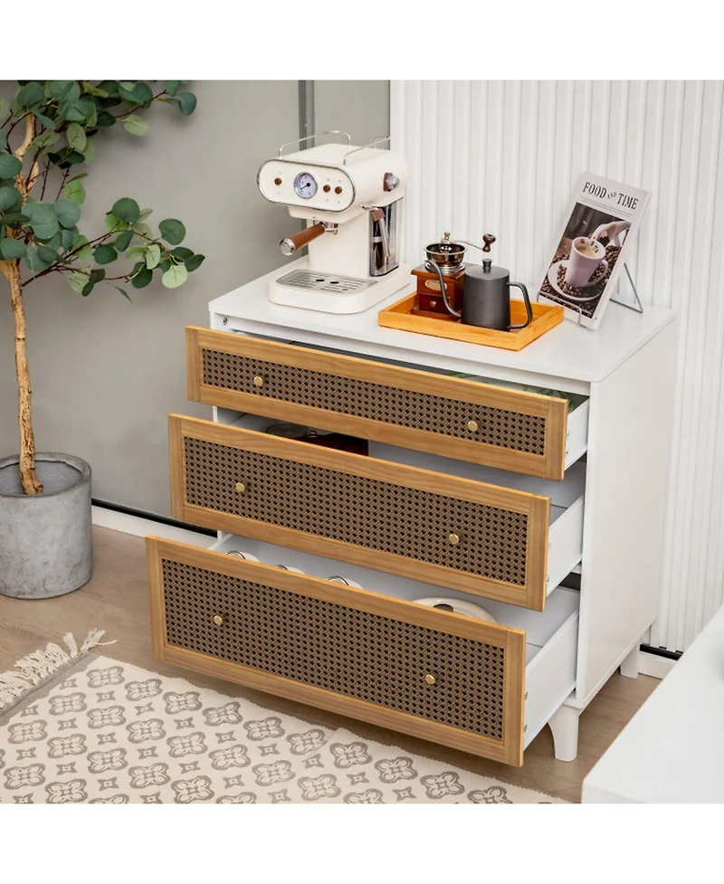 Gouun 3-Drawer Rattan Dresser Chest with Anti-Toppling Device