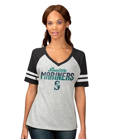 G-iii 4Her by Carl Banks Women's Heather Gray Seattle Mariners Goal Line Raglan V-Neck T-Shirt