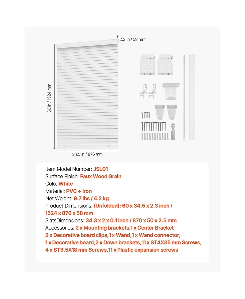 Avobird Faux Wood Blinds 2" Slat 34.5" W x 60" H Cordless Window Blinds and Shades