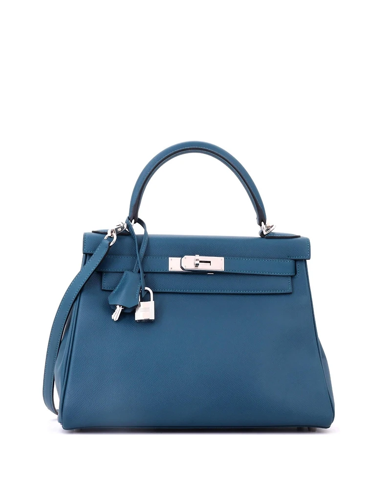 Pre-Owned HERMES Kelly 28 Handbag Blue Epsom with Palladium Hardware
