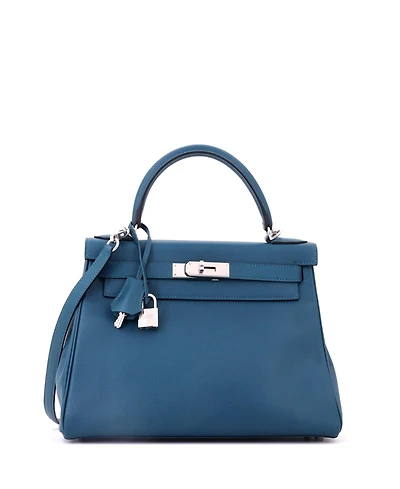 Pre-Owned HERMES Kelly 28 Handbag Blue Epsom with Palladium Hardware