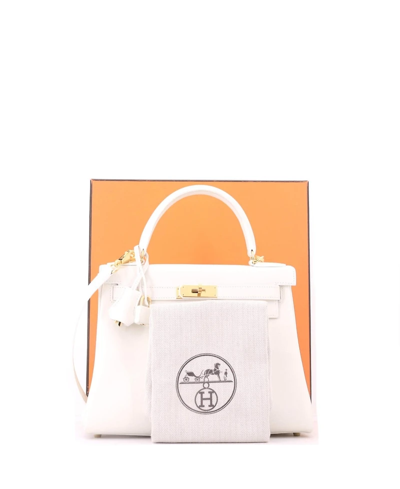 Pre-Owned HERMES Kelly 28 Handbag White Evercolor with Gold Hardware