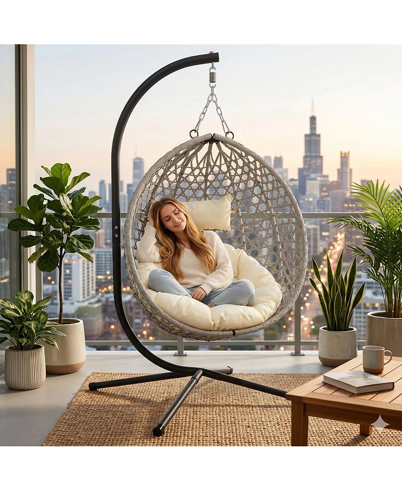 Asagikoiai Folding Pe Rattan Outdoor Hanging Egg Chair with Stand, Patio Hammock Swing