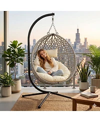 Asagikoiai Folding Pe Rattan Outdoor Hanging Egg Chair with Stand, Patio Hammock Swing