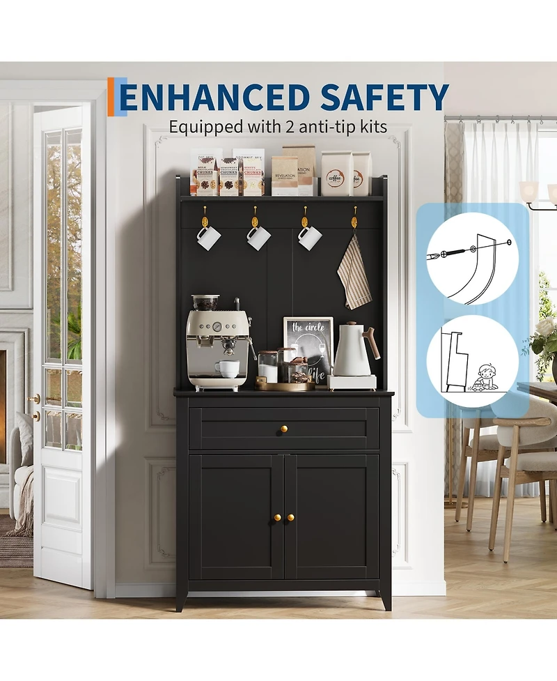 homfan Pantry Storage Cabinet with Built Outlets and Usb Ports, Adjustable Shelving, Drawer Hooks Durable Kitchen Coffee Bar Organizer