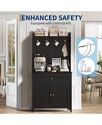 homfan Pantry Storage Cabinet with Built Outlets and Usb Ports, Adjustable Shelving, Drawer Hooks Durable Kitchen Coffee Bar Organizer