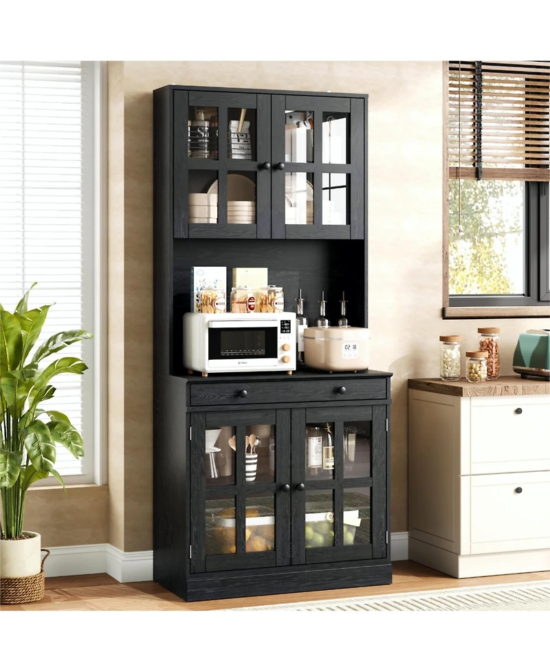 homfan 72 Inch Kitchen Pantry Cabinet with Glass Doors Tall Storage Adjustable Shelves for Coffee Bar