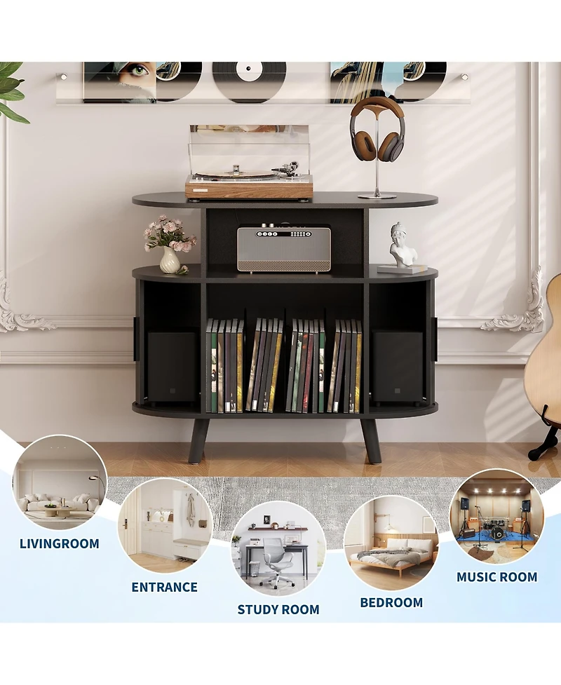 homfan Mid-Century Fluted Turntable Cabinet, 35 Inch Arched Record Player Stand with Charging Station and Display Shelf