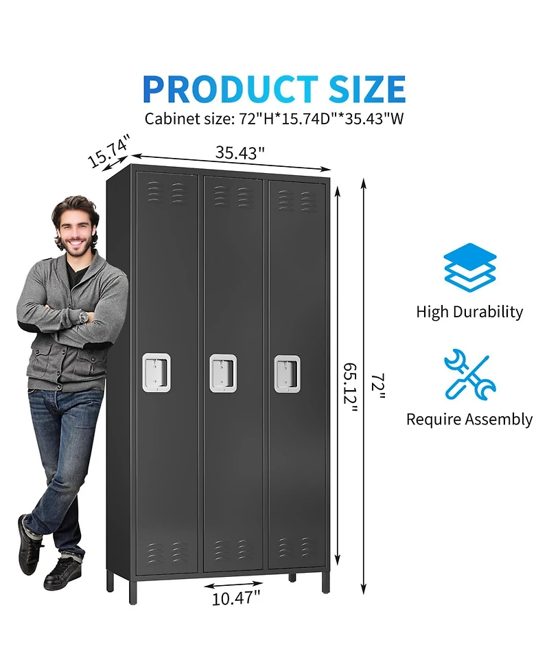 Heavy Duty 3-Door Metal Locker with Hooks and Adjustable Shelves, Lockable Steel Storage for Office, School, Gym, Warehouse