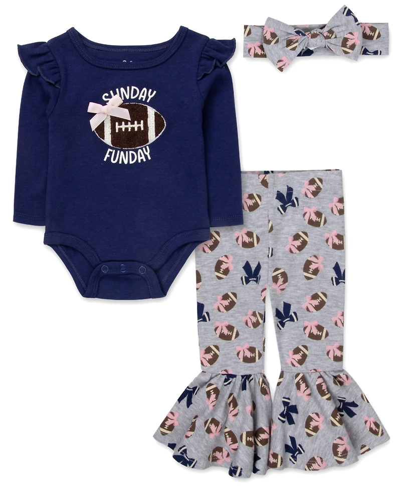 Baby Essentials Girls' Sunday Funday Bodysuit, Pants, and Headband, 3-Piece Set