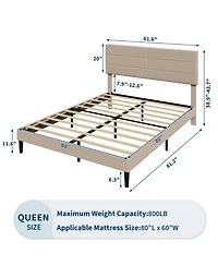 homfan Queen Size Bed Frame with Adjustable Headboard, Upholstered Platform Bed with Wood Slat Support, No Box Spring Needed