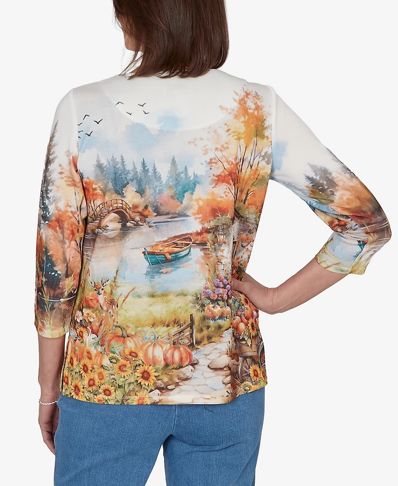 Alfred Dunner Petite Autumn Lake Scenic Print Top