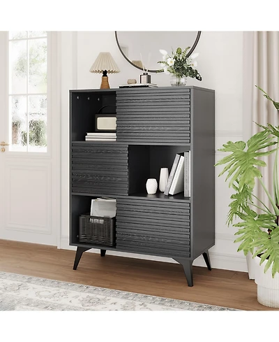 homfan Fluted Storage Cabinet with Sliding Doors, Tall Floor Adjustable Shelves for Living Room, Kitchen, Entryway