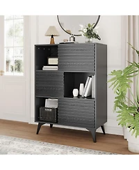 homfan Fluted Storage Cabinet with Sliding Doors, Tall Floor Adjustable Shelves for Living Room, Kitchen, Entryway