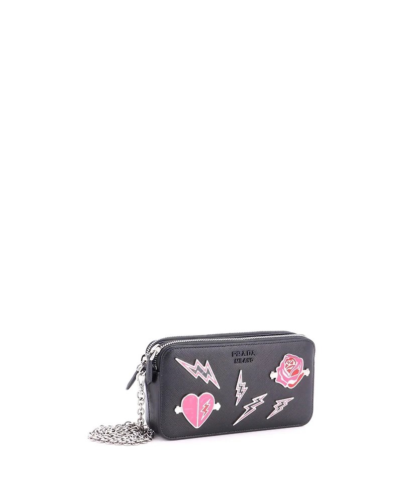 Pre-Owned Prada Monochrome Double Zip Wallet on Chain Crossbody Pin Embellished Saffiano Leather