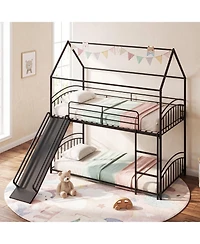 Gymax House Bunk Bed Frame with Metal Slats Reversible Ladder and Slide for Bedroom