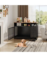 Homfan Furniture Style Dog Crate Cabinet with Feeding Bowls