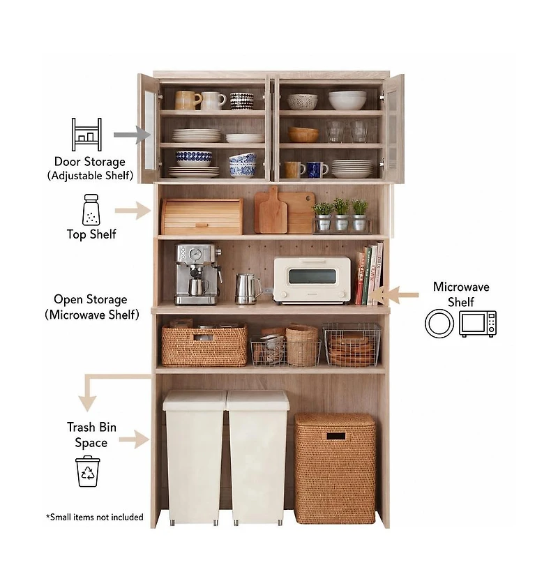 homfan 71.5" Kitchen Cabinet with Trash Can Storage and Microwave Stand, 35.4" Wide Pantry Hutch for Dining Room