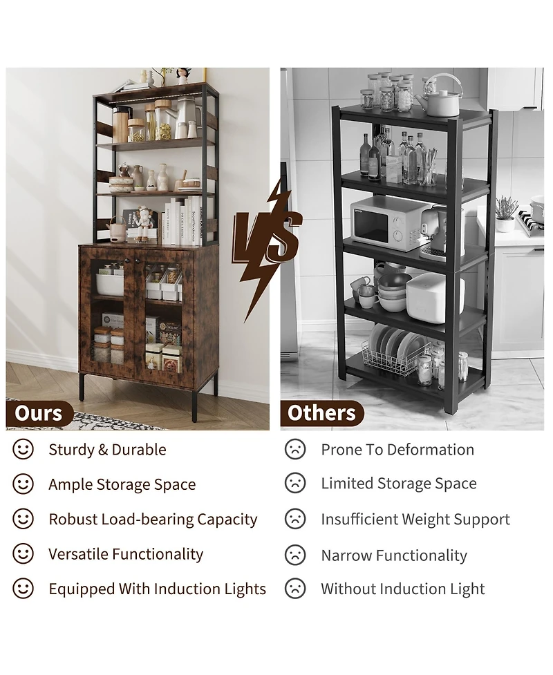 homfan 67-Inch Farmhouse Bakers Rack with Power Outlet and Led Lights, Coffee Bar Cabinet Storage
