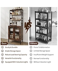 homfan 67-Inch Farmhouse Bakers Rack with Power Outlet and Led Lights, Coffee Bar Cabinet Storage