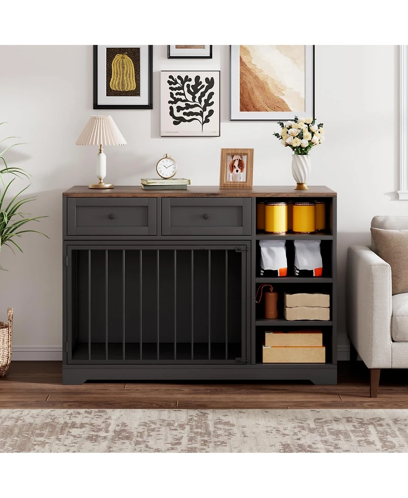 homfan Dog Crate Furniture, 47 Inch Wooden Indoor Kennel Tv Stand with 2 Drawers and 4 Shelves for Medium Large Dogs