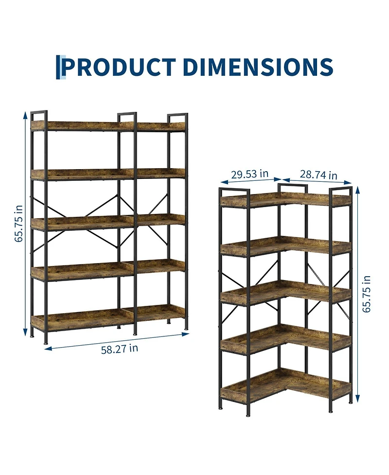 homfan 5-Tier Wide Bookshelf Rustic Wooden Shelving Unit for Bedroom, Living Room, Home or Office, Display Shelf with Character