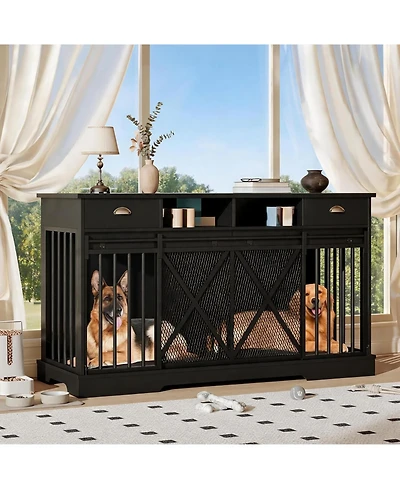 homfan Large Dog Crate – Furniture-Style Indoor Kennel with Sliding Doors, Removable Divider, 2 Drawers and Shelves, Tv Stand