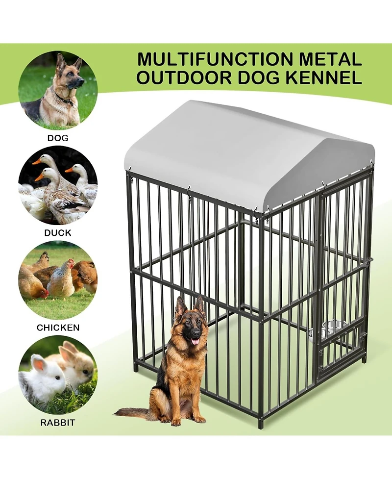 homfan Outdoor Dog Kennel Heavy Duty Metal Cage with Waterproof Roof, Security Lock, Feeding Door and Bowl for Large Dogs