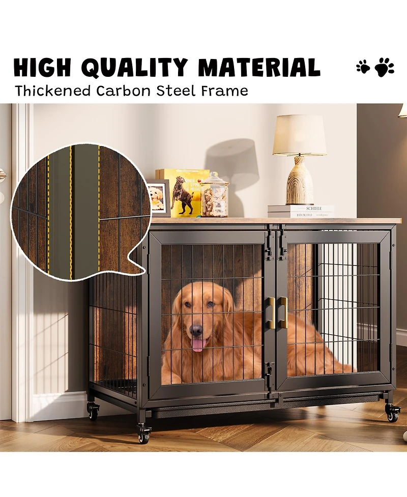 homfan Decorative Dog Crate Wooden Kennel with Wheels and Removable Tray for Small to Medium Dogs Up to 66 lbs