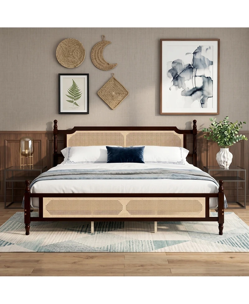 Sailvan Pine wooden Bed with Rattan Headboard and Footboard, Central Enhanced Bed Platform