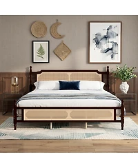 Sailvan Pine wooden Bed with Rattan Headboard and Footboard, Central Enhanced Bed Platform
