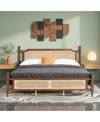 Sailvan Pine wooden Bed with Rattan Headboard and Footboard, Central Enhanced Platform