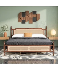 Sailvan Pine wooden Bed with Rattan Headboard and Footboard, Central Enhanced Platform